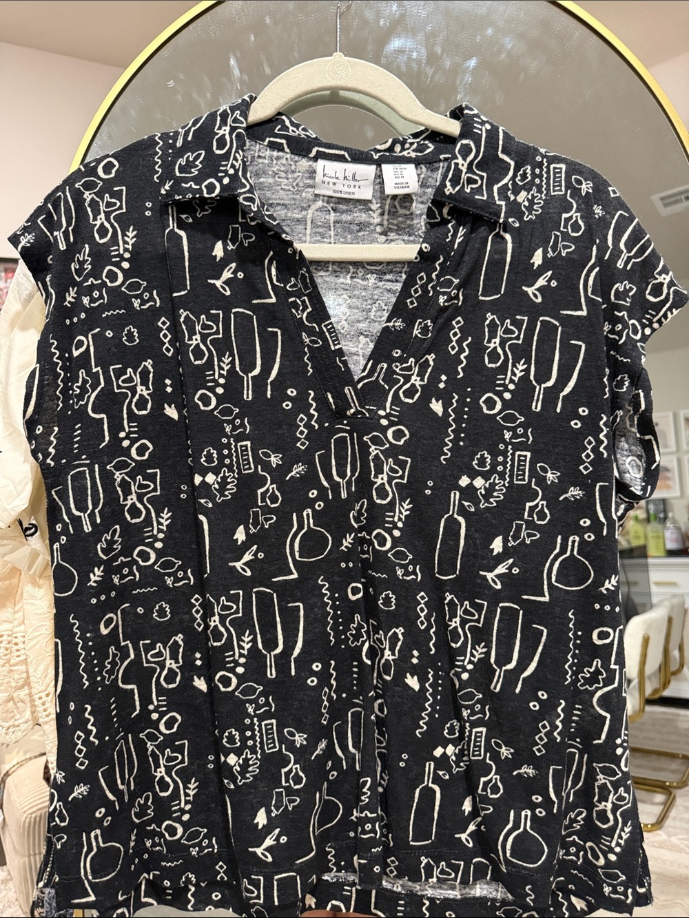 Black Short-Sleeve Button Front Top with White Abstract Barware Print